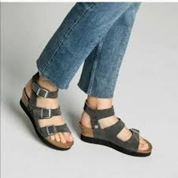birkenstock | 38 / 7.5 | womens Linnea Platform Wedge Sandal Suede Gary Flat - Picture 1 of 7